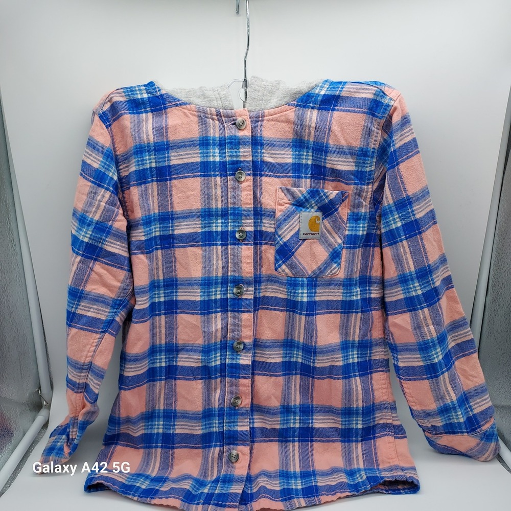 Carhartt Girls Blue Peach Plaid Hooded Flannel Shirt TW9149-G Size M 10